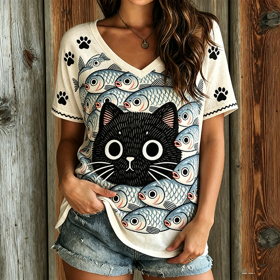 Comstylish Cat And Fish Pattern Casual Washed T-shirt
