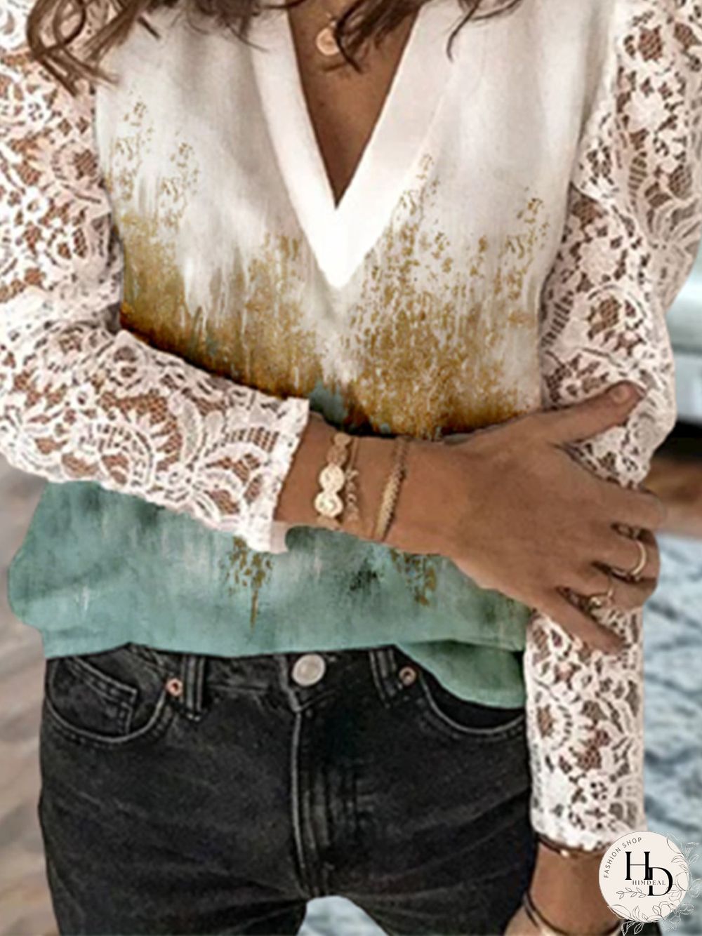 Abstract Lace Long Sleeve V Neck Plus Size Casual Tops