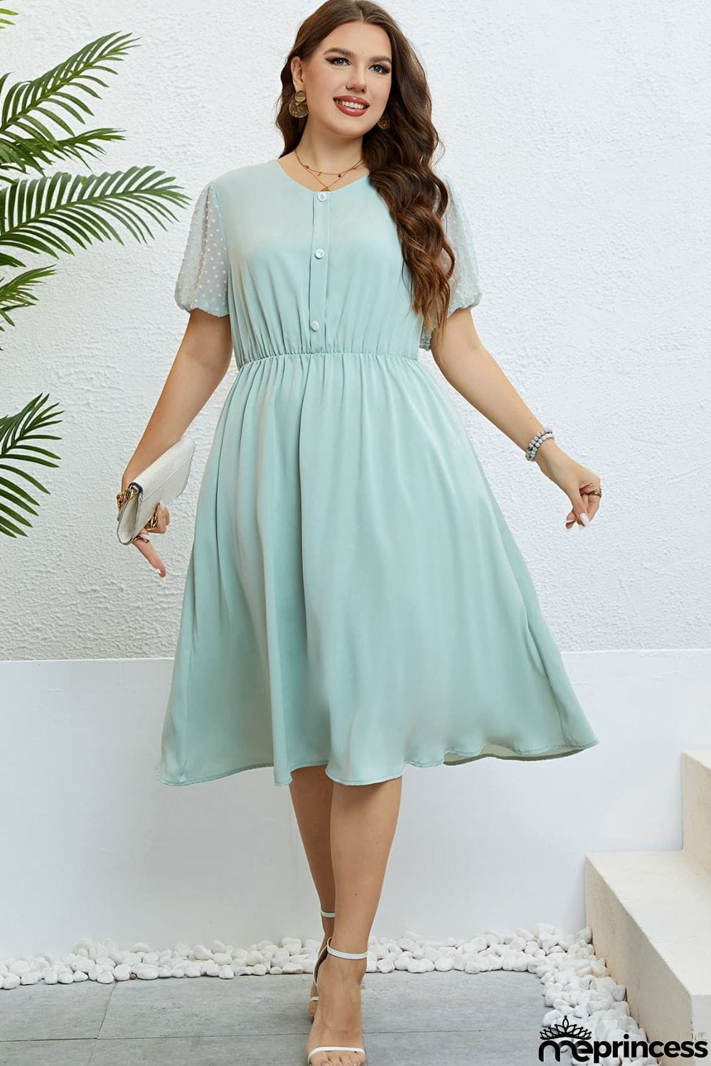 Swiss Dot Mesh Sleeve Buttoned Dress