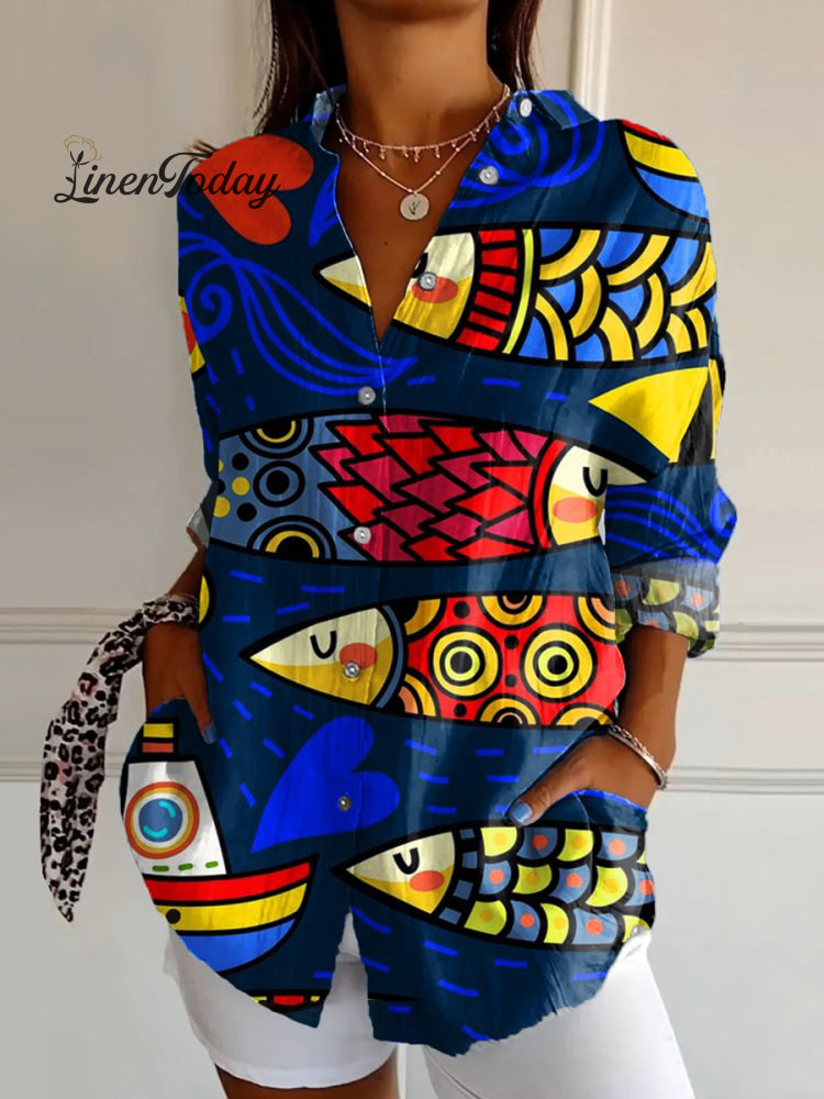 Women&rsquo;s Fish Art Print Casual Cotton Shirt Multicolor / S