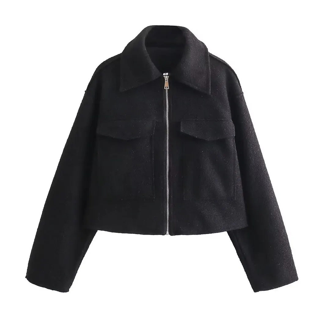 Nigikala Nigikala Spring/Autumn Festival New Women's Collar Large Pocket Zipper Short Long-Sleeved Jacket B88684