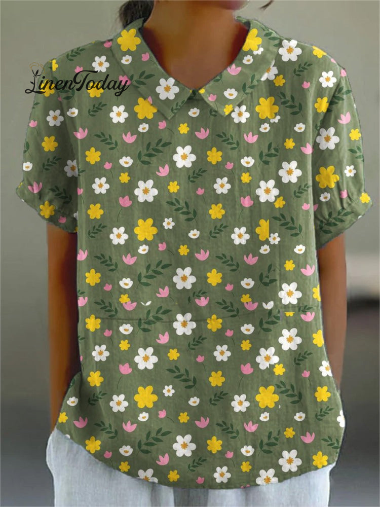 Women&rsquo;s Flower Art Print Casual Cotton And Linen Shirt Multicolor / S