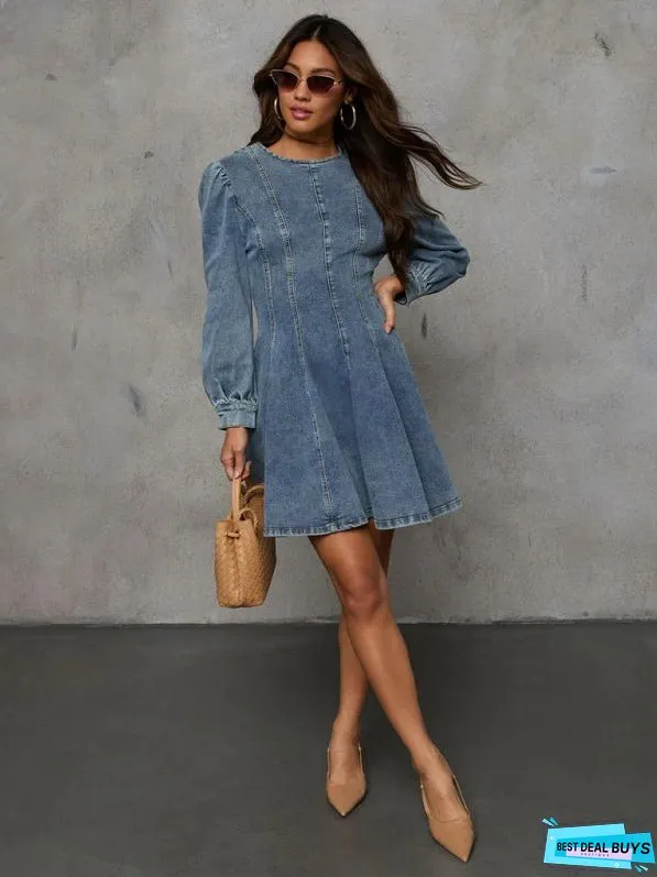Fashion Casual Patchwork Drop Waist Women's Denim Long Sleeve Dress