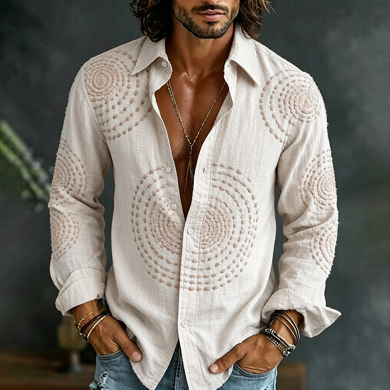 Men's Vintage Texture Embroidered Art Print Flowy Linen Blend Shirt  artssus