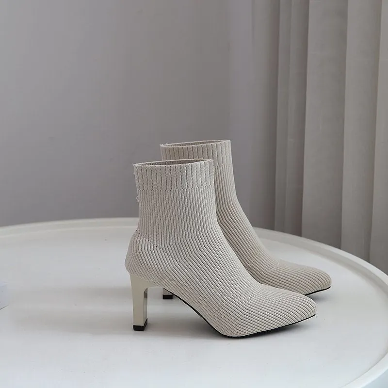 Sexy Knitting Boots High Heels Dress Shoes 2020 New Pointed Toe Fashion Booties Black Striped Stretch Fabric Botas Mujer