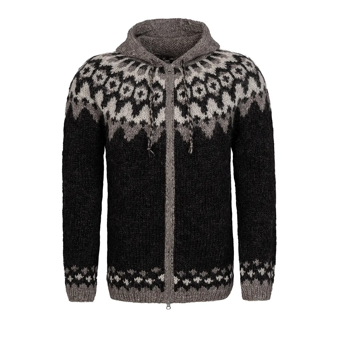 Retro Graphics Iceland Jacquard Zipper Up Hooded Sweater