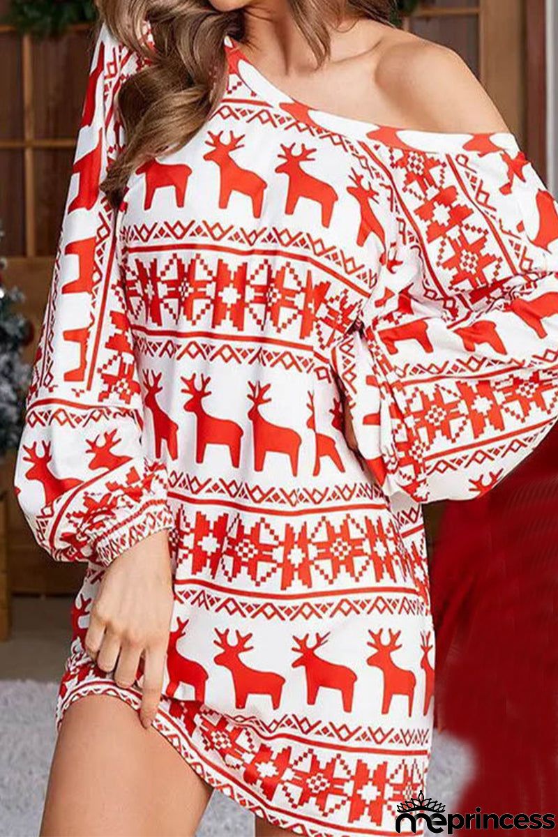 Elegant Wapiti Snowflakes Printing O Neck Printed Dress Dresses