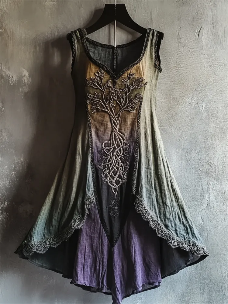 Vintage Tree Of Life Lace Hem Gradient Linen Dress