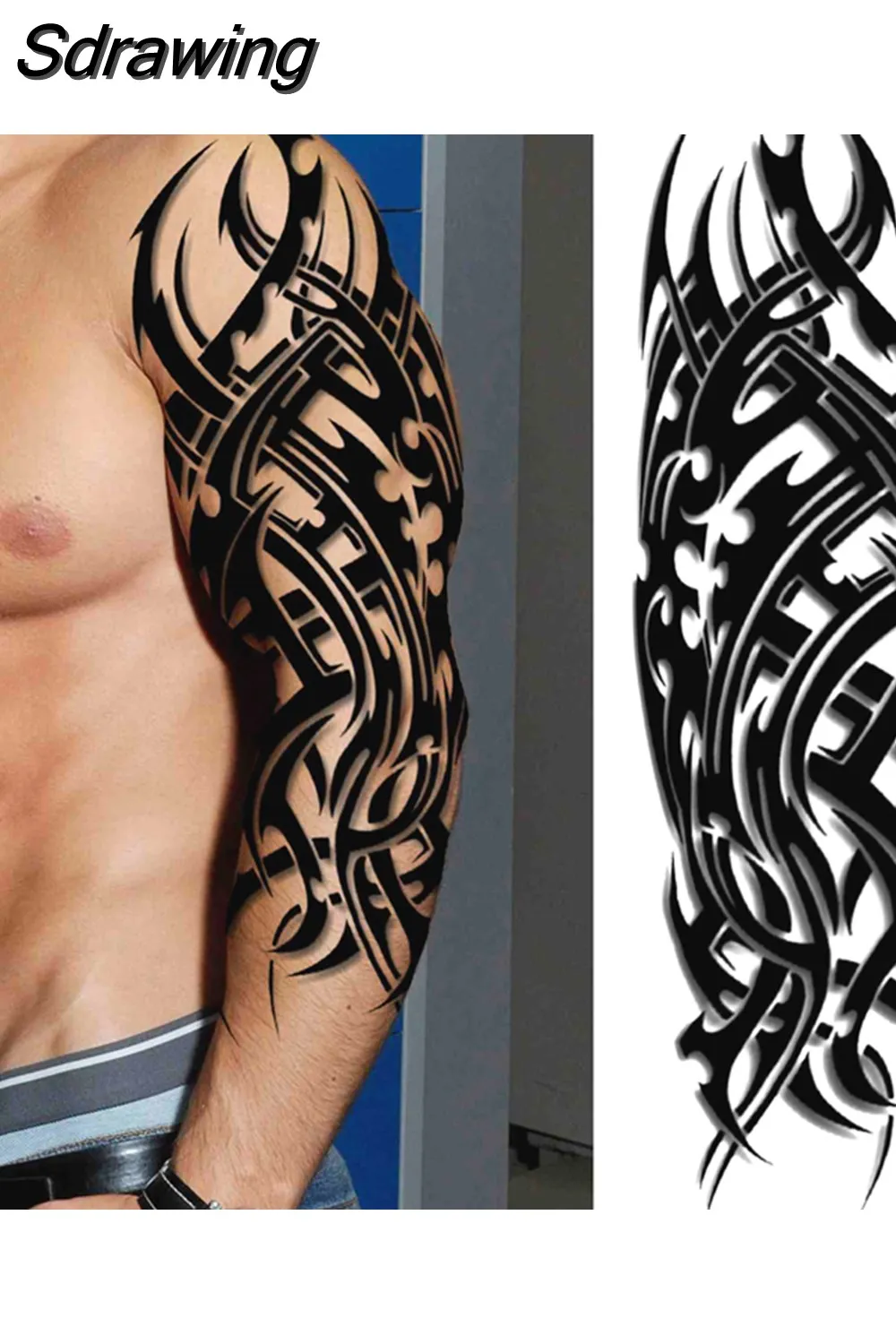 Sdrawing Arm Temporary Tattoos Sleeve For Men Women Realistic Fake Tatoos Warrior Lion Tiger Flower Tatoo Sticker Black Totem Maori 507-1