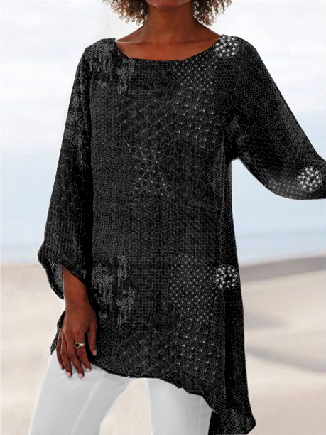 Japanese Traditional Sashiko Art Round Neck Flowy Tunic