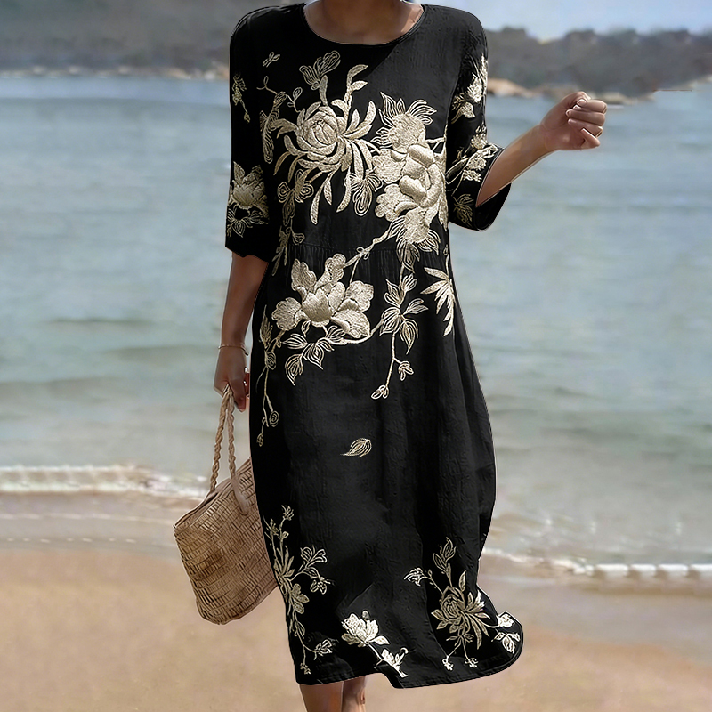 Women's Floral Print Round Neck Midi Dress elevenforest