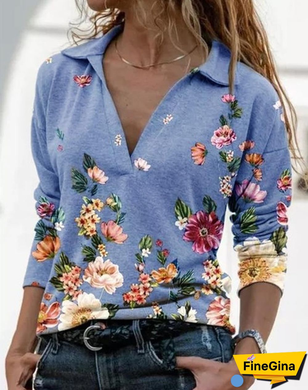 Spring Casual Floral Printed Tops Women Fashion Stand Collar Long Sleeve Shirt Pullover Slim Fit Blouses Size S-2XL