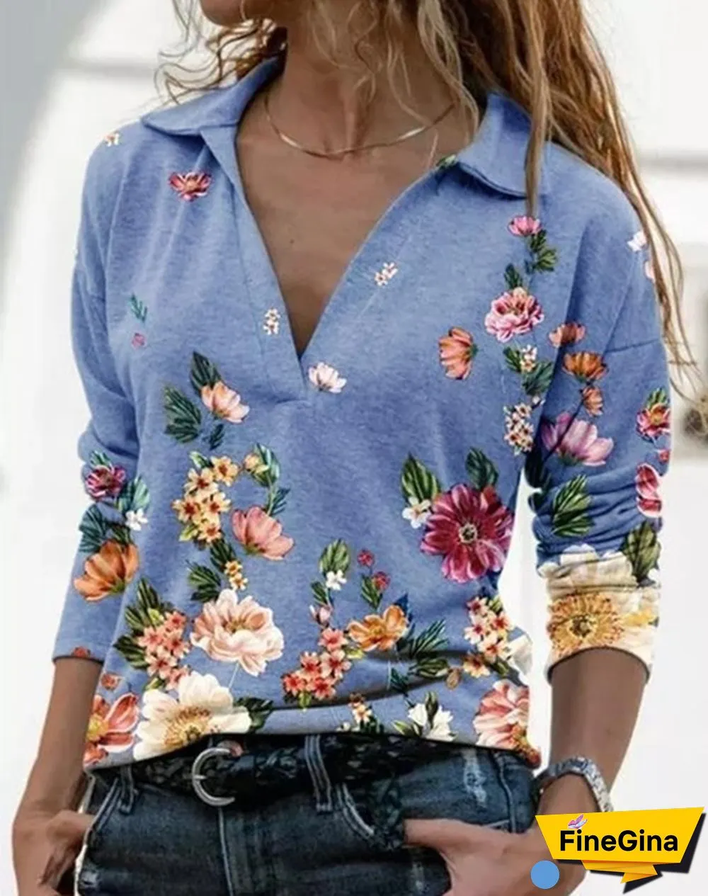 Spring Casual Floral Printed Tops Women Fashion Stand Collar Long Sleeve Shirt Pullover Slim Fit Blouses Size S-2XL