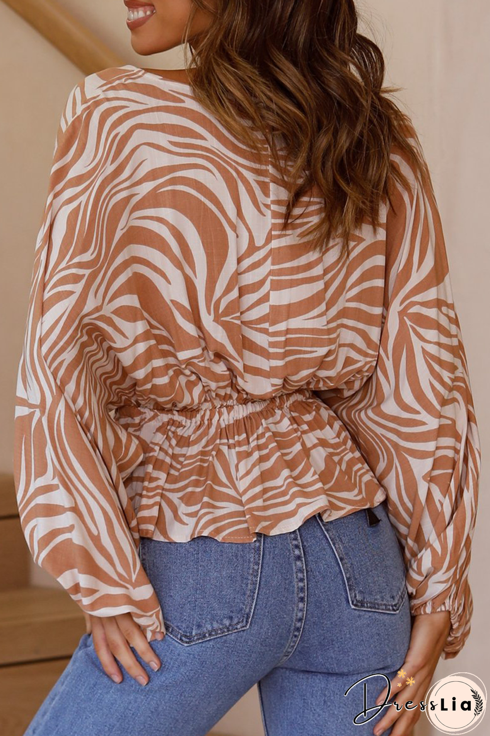 Elegant Print Draw String Frenulum Buttons V Neck Tops