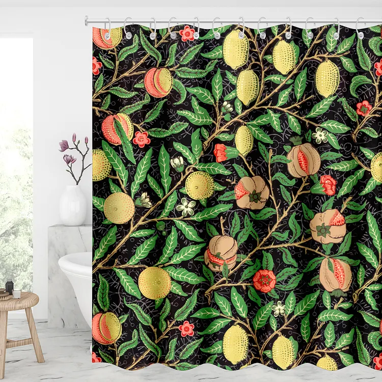 Vintage Pomegranate Flower Pattern Waterproof Shower Curtains With 12 Hooks