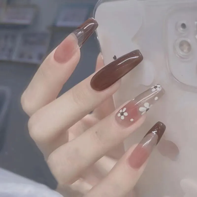 24pcs/Set Coffin Fake Nails European Star Pink Gradient Ballerina Nail Art Full Tips with Sticker Detachable False Nails-Nail Inspo