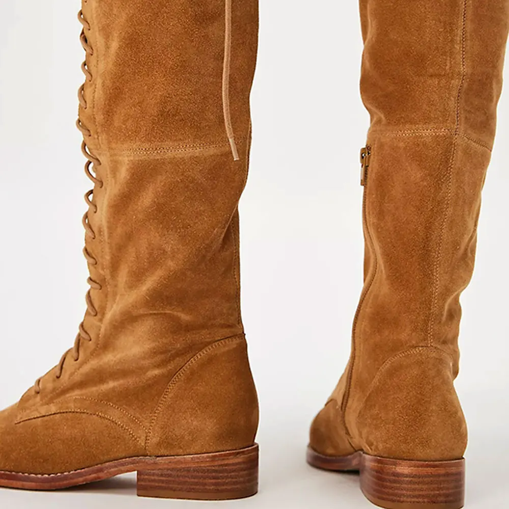 Brown Closed Toe Flat Zipper Over the Knee Female Lace Up Boots
