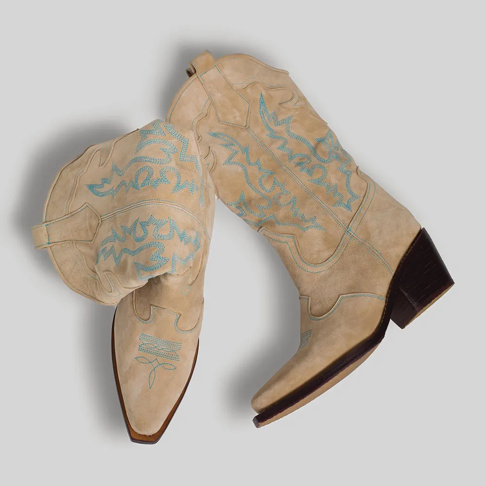 Nude Snip Toe Blue Stitching Chunky Heel Cowboy Boots for Women