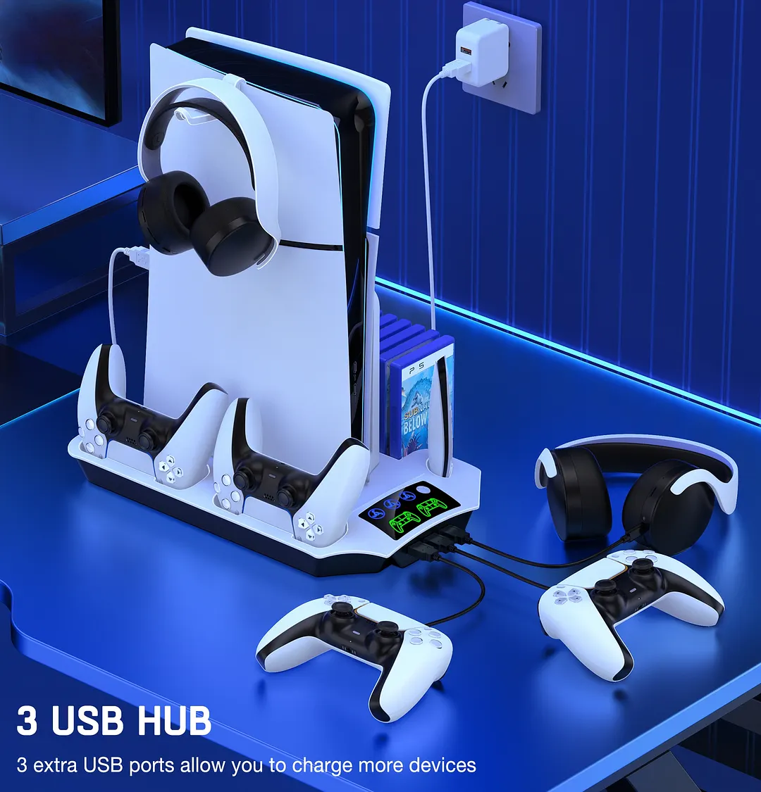 PS5 Stand Cooling Station for 2023 PS5 Slim,DinoFire Dual Fast PS5 Controller Charging Station,PS5 Accessories for Sony 2020 PS5 Digital/Disc Console