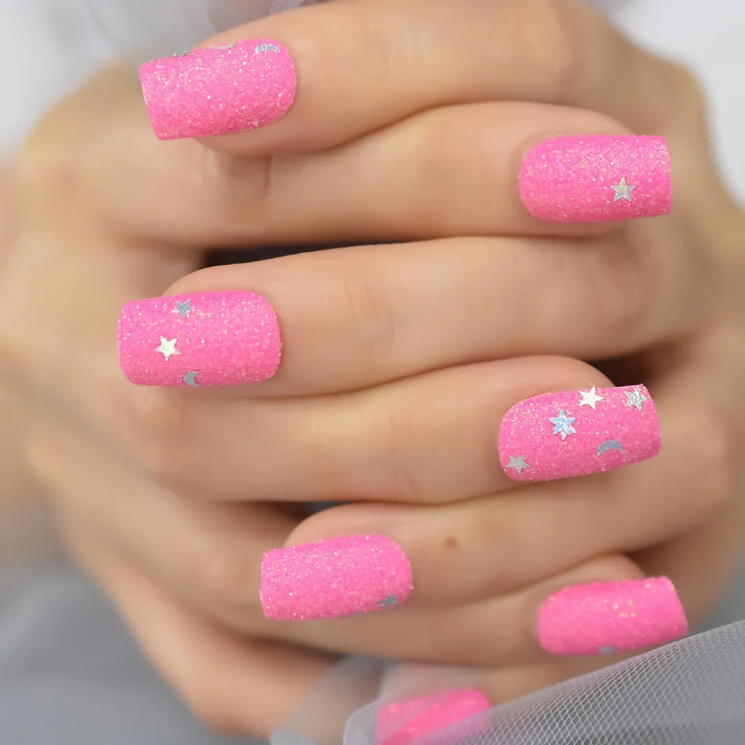 Stars Pink Lovely Nails Short Square Glitter Matte Gels Flase FIngernails Supplies For Professionals Wholesale EchiQ Nails 24Pcs-Nail Inspo