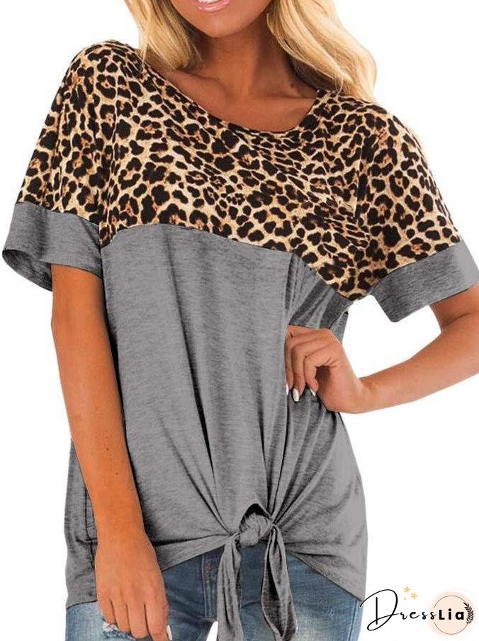 Leopard Print Stitching Ribbon Bow T-shirt for Women