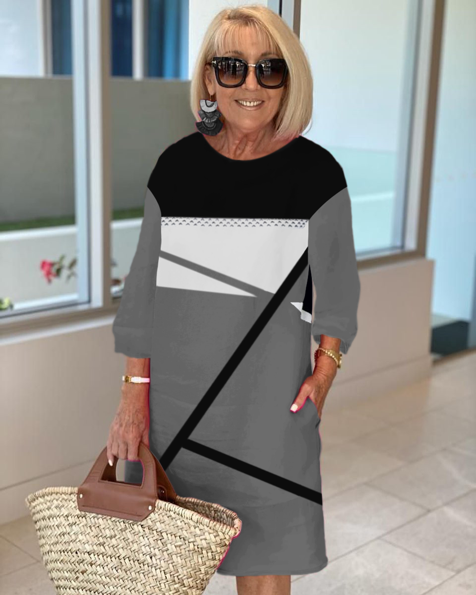 Crewneck Color Block Printed Tunic Dress Plus Size