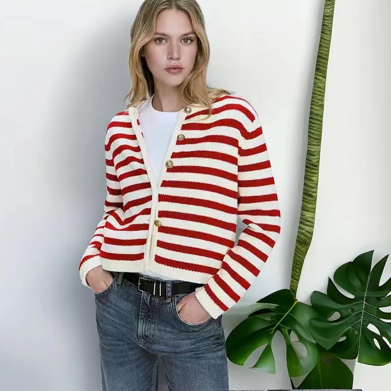 Churchf Churchf Autumn New Temperament Slim Version Of The Buckle Stripe Small Sweet Wind Knitting Cardigan Sweater Short Coat