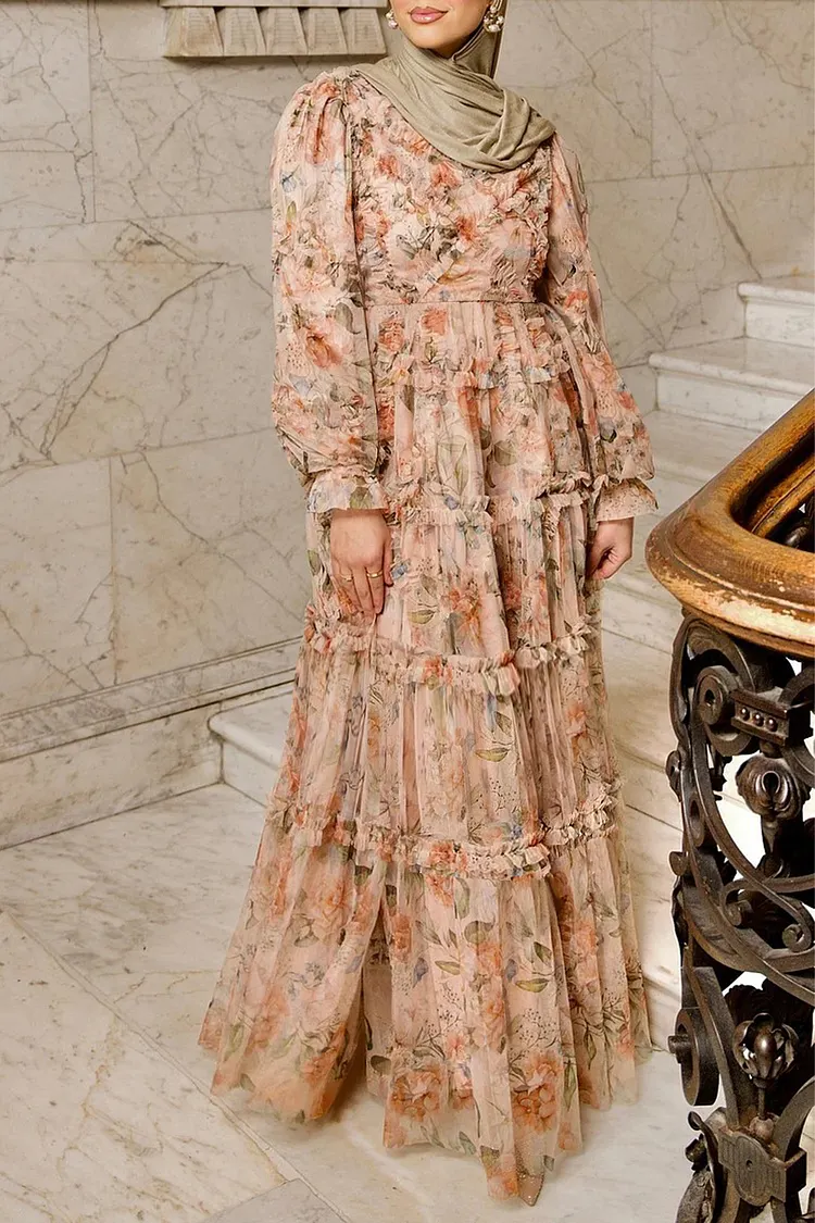 knee length dresses for ladies Mock Neck Floral Long Sleeves Tulle Tiered Ruffle Wedding Guest Dresse