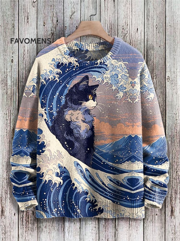 Retro Japanese Style Painting Cat Art Casual Print Knit Pullover Sweater Multicolor / S
