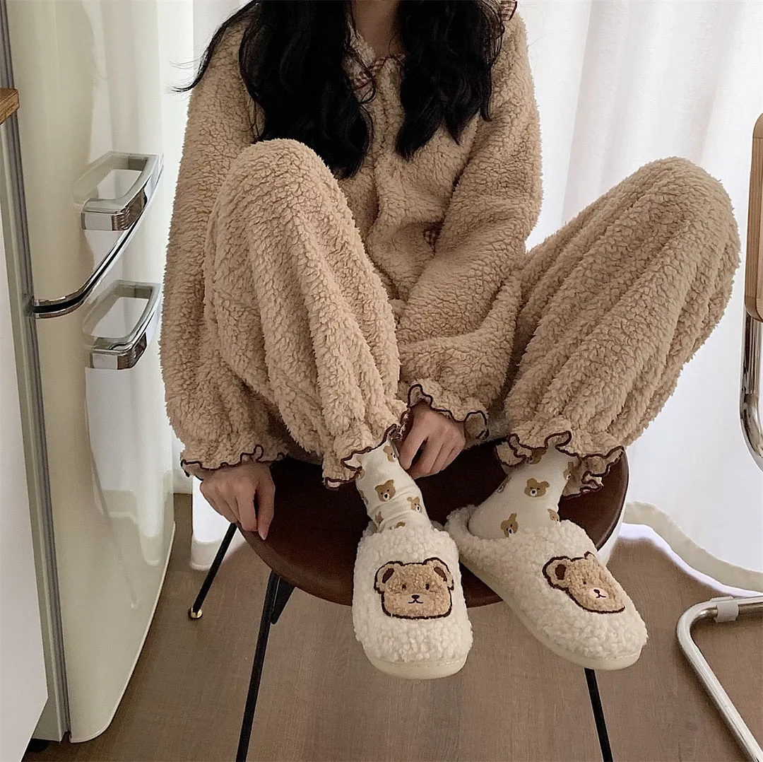 2022 Winter Women Slipper Lovely Bear Cartoon Plush Cotton Home Slippers Female Indoor Household Anti-Skid Thick Bottom Slipper