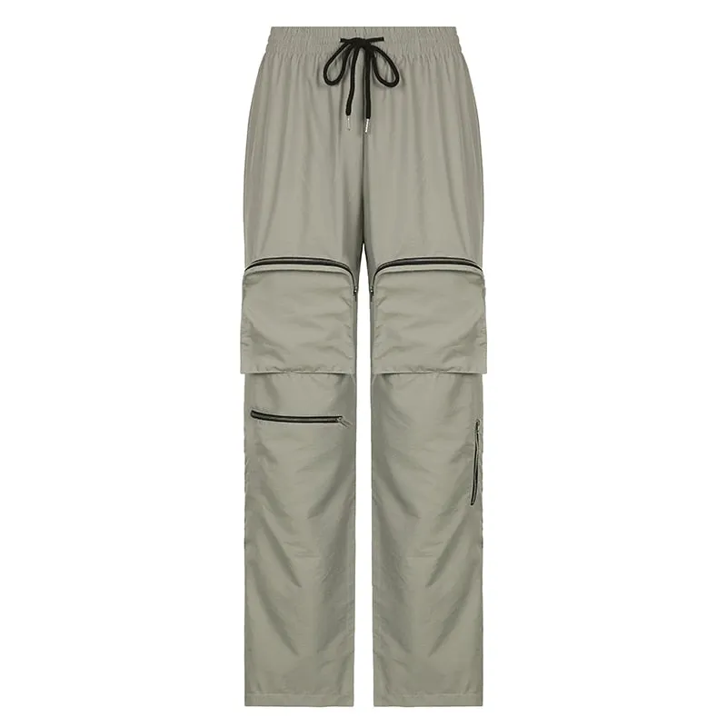 BIIKPIIK Basic Sporty Overalls Female Pockets Zippers Drawstring Straight Trousers Retro High Streetwear Solid Casual Long Pants