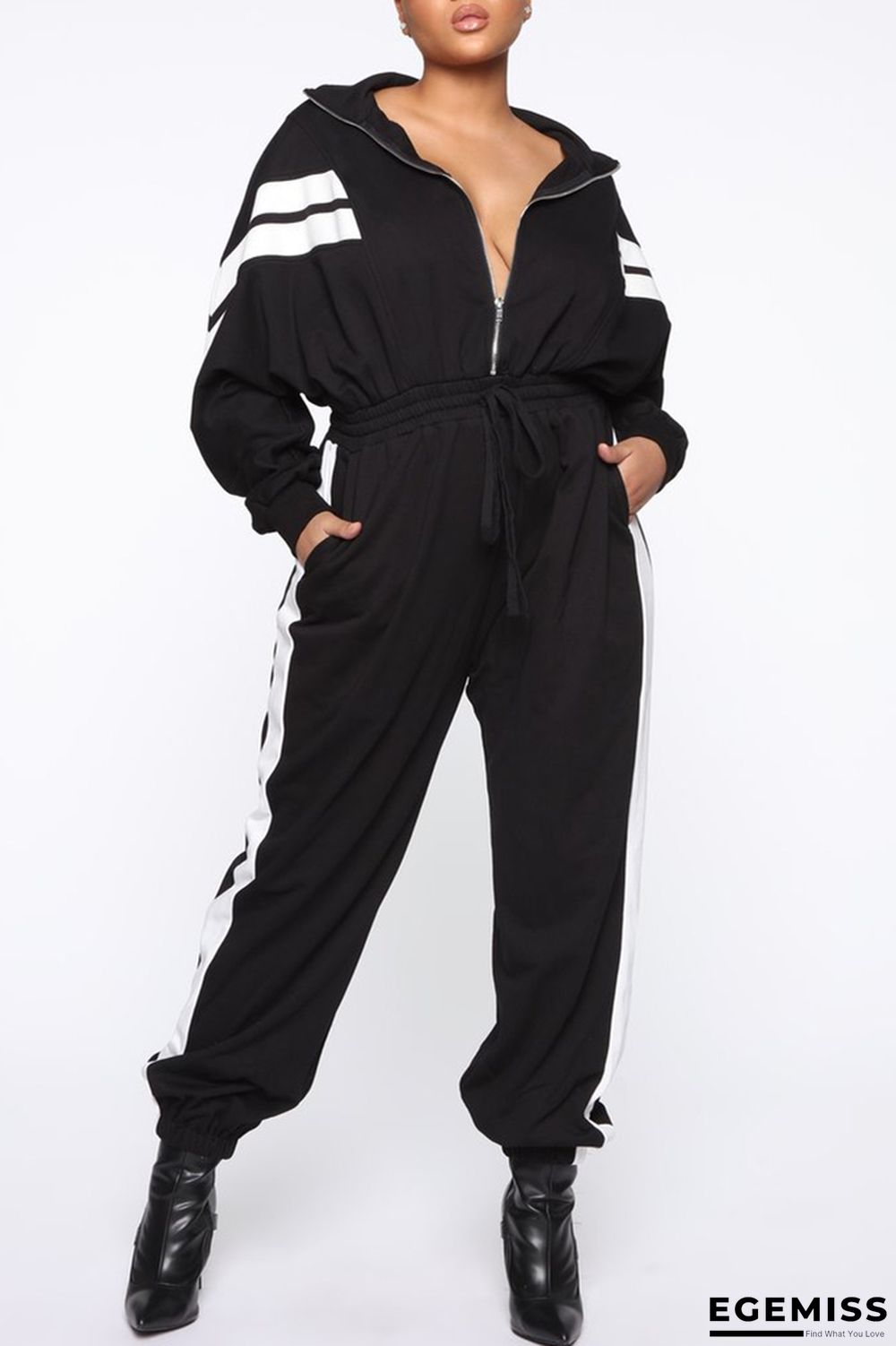 Black Casual Sports Striped Print Stitching Loose Jumpsuit | EGEMISS