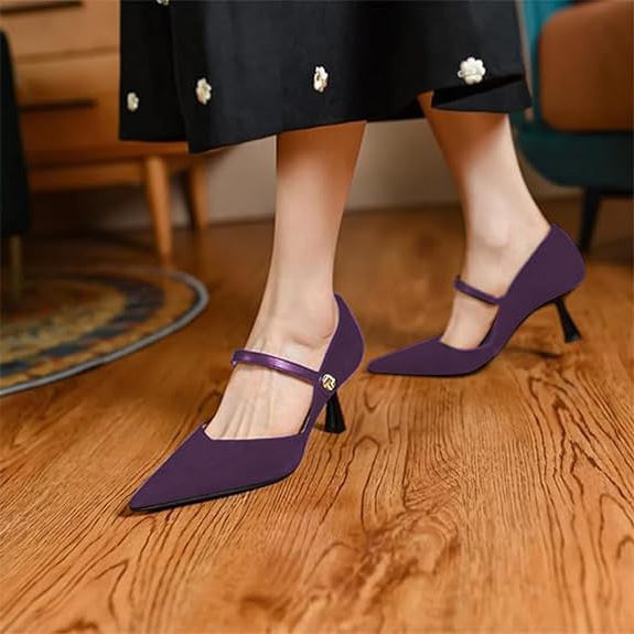 Purple Faux Suede & Vegan Leather Pointed Strappy Kitten Heel Pumps