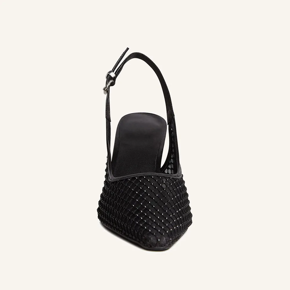 Black Rhinestone Mesh Pointed Toe Chunky Heel Slingback Shoes