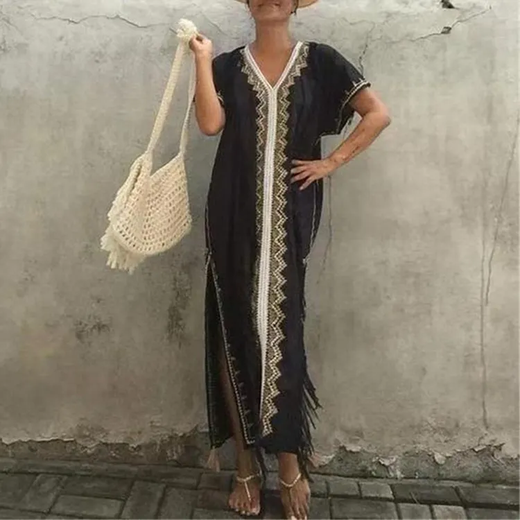 V-Neck Black Short-Sleeved Split Dress