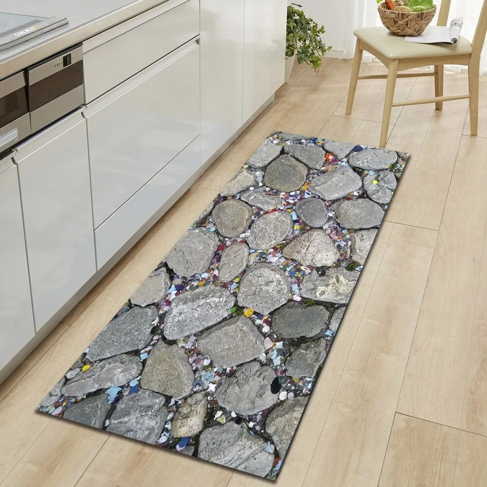 Wood Grain Kitchen Carpet Entrance Doormat Bedroom Hallway Floor Mat 3D Cobblestone Bathroom Water Absorption Anti-slip Long Rug