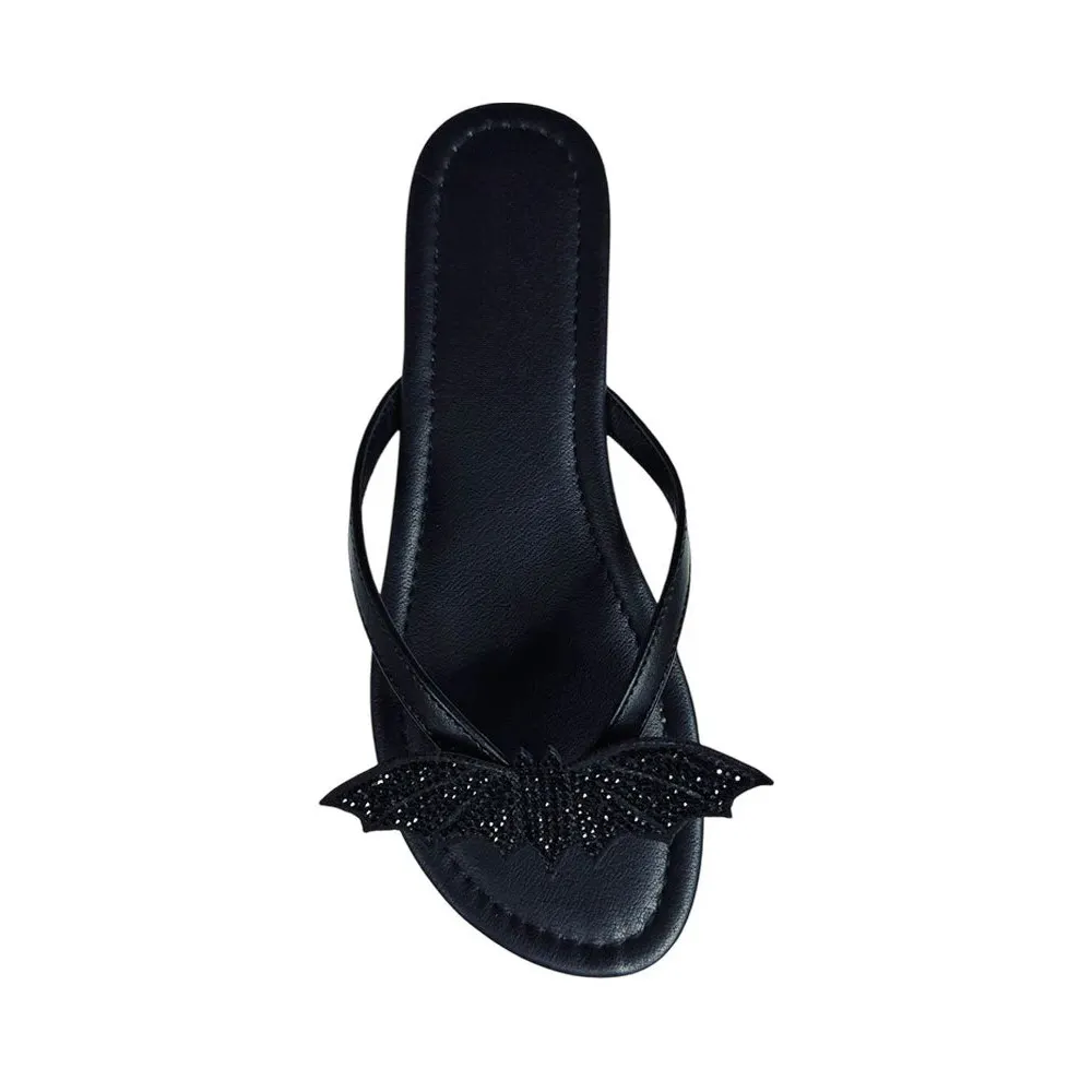 Open Toe Flat Bat Rhinestone Flip Flops Black Sandals for Women