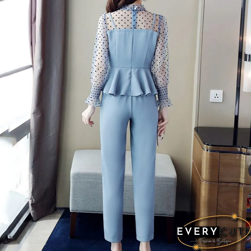 Office Fashion Two Piece Pants Sets Outfits Women Bow Dot Print Patchwork Tunics Tops + Pants Suits Korean Workwear Sets