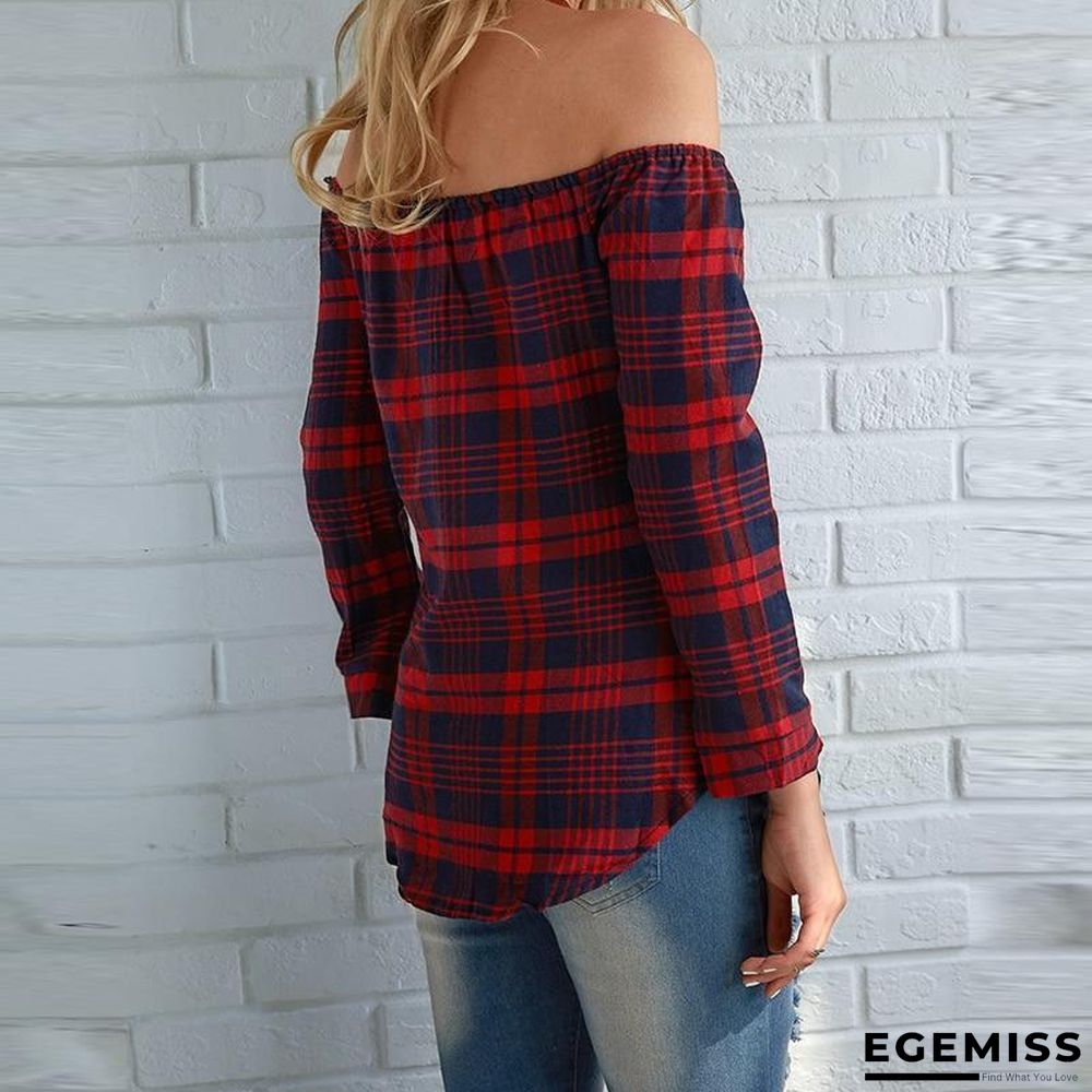 Women Plaid Shirt Sexy Off Shoulder Long Sleeve Tops Shirt Slash Neck Blouses | EGEMISS
