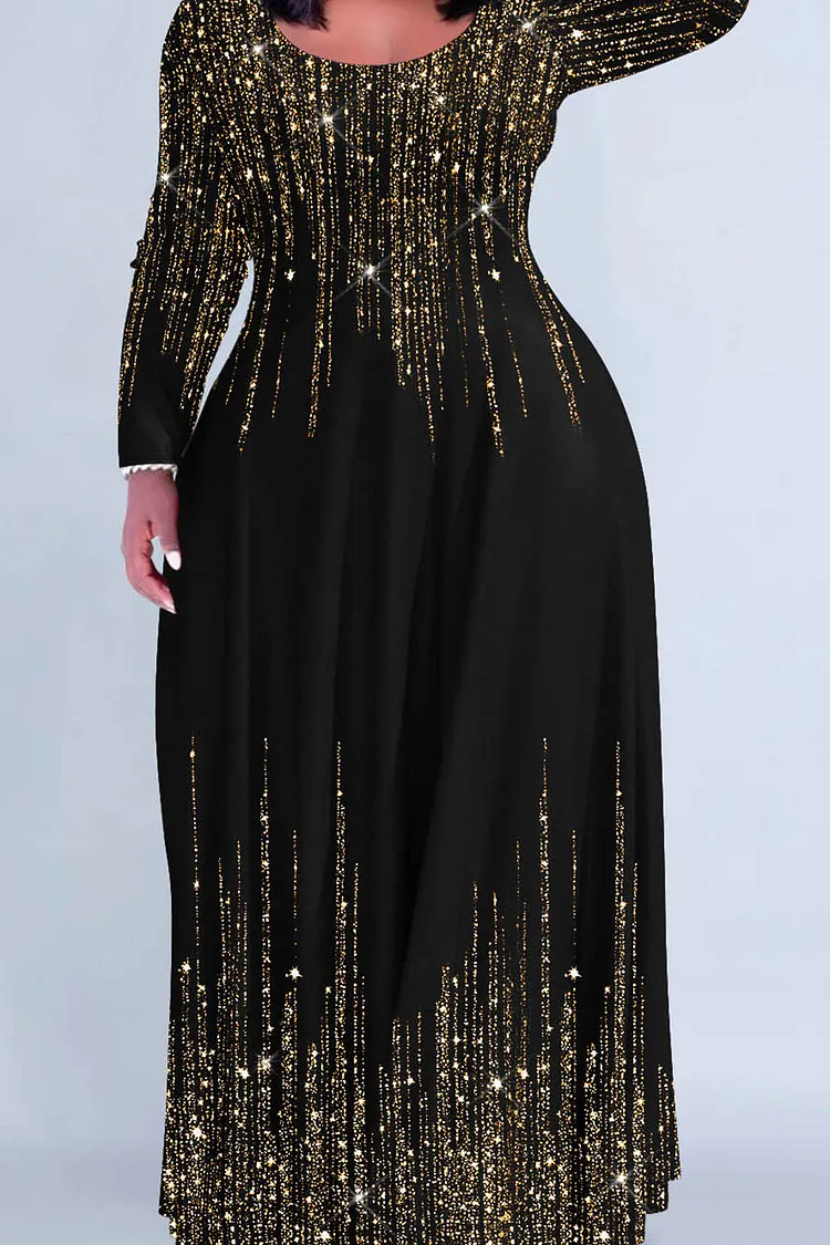 Plus Size Daily Gradient Round Neck Long Sleeve Maxi Dresses
