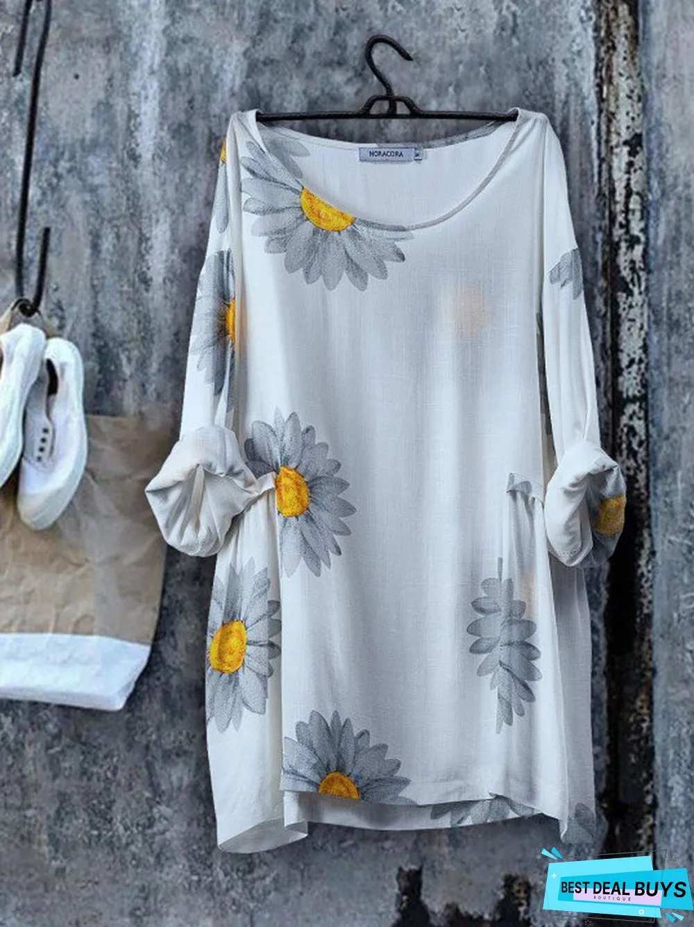 Floral Crew Neck Loose Cotton-Blend Tunic Sweatshirt