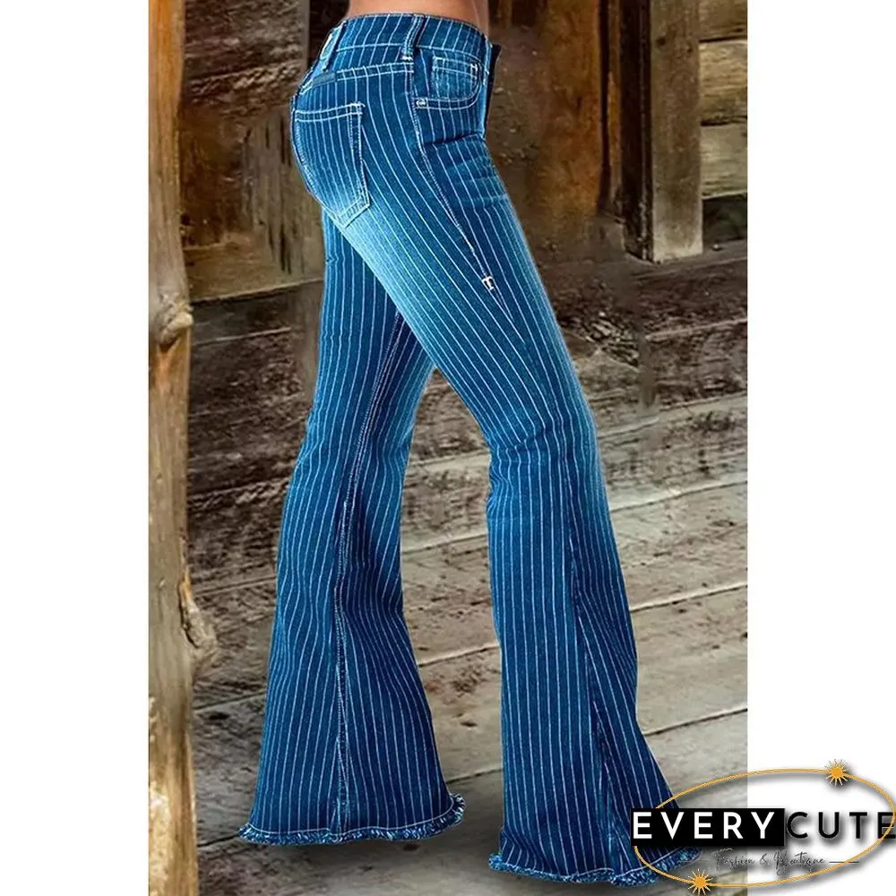 Pocketed Striped Bell Bottom Denim Pants