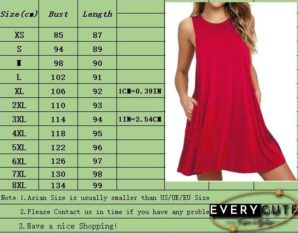 Plus Size XS-8XL Summer Women Casual Round Neck Solid Color Loose Sleeveless Beach Tank Top A-line Pocket Dress Sexy Short Club Party Mini Halter Midi Dresses Robe Ete Femme Knee Length Pleated Skirts Ladies Fashion Swing Cotton T-Shirt Dress