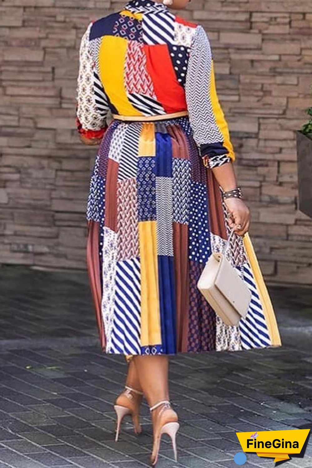 Blue Casual Elegant Print Patchwork Fold Ribbon Collar Straight Dresses