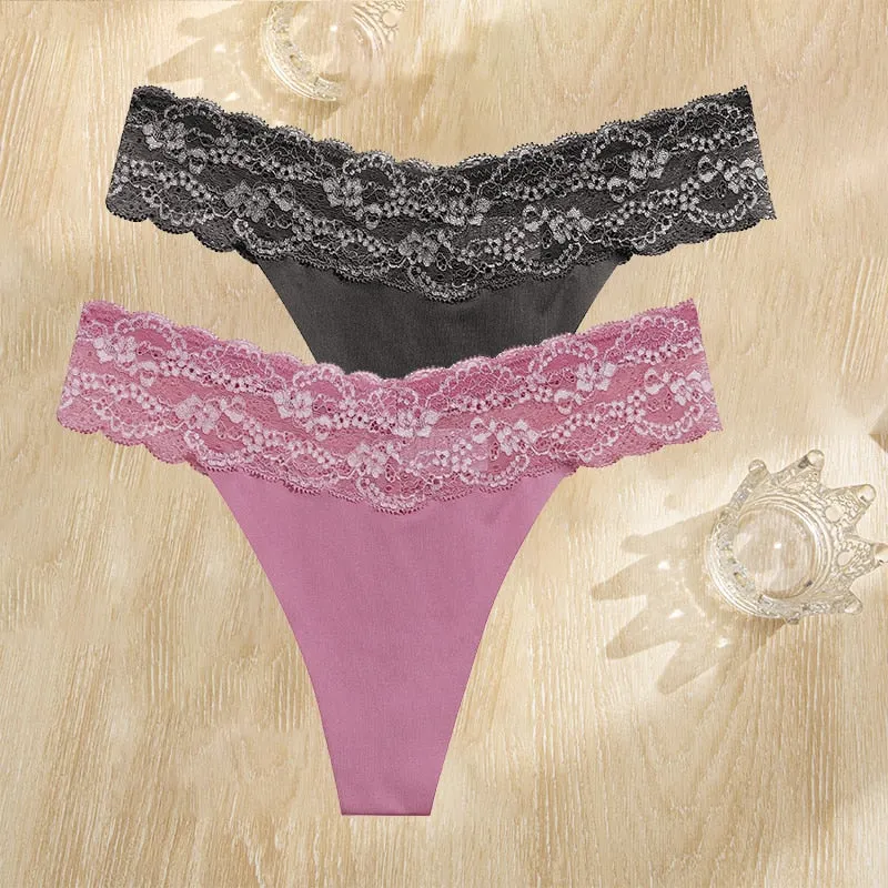 FINETOO 2PCS/Set Gstring Seamless Women Lace Pantys Girls Thongs S-L Fashion Sexy Underwear For Woman Lingerie Floral Panties