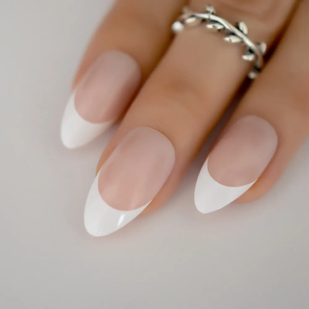 Nail Art Salon Oval Acrylic French Nail Kit Real Medium Length Grace Oval Fake Nails French 24 Tips-Nail Inspo