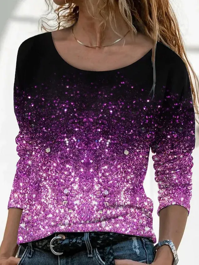 Brownm Long Digital Printing Sleeve Loose Neck Casual Pullover Print T-shirt