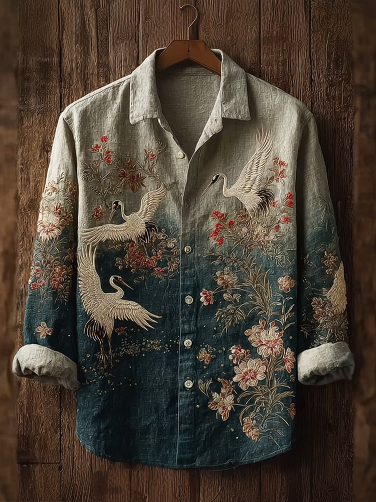 Japanese Art Retro Style Plant Flower And Crane Pattern Men's Cotton And Linen Shirt  artssus