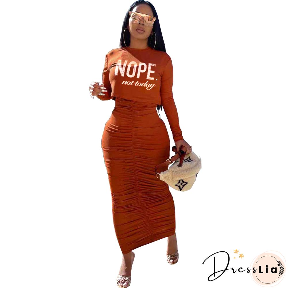 Letter Print Ruched Bodycon Two Piece Dresses Set