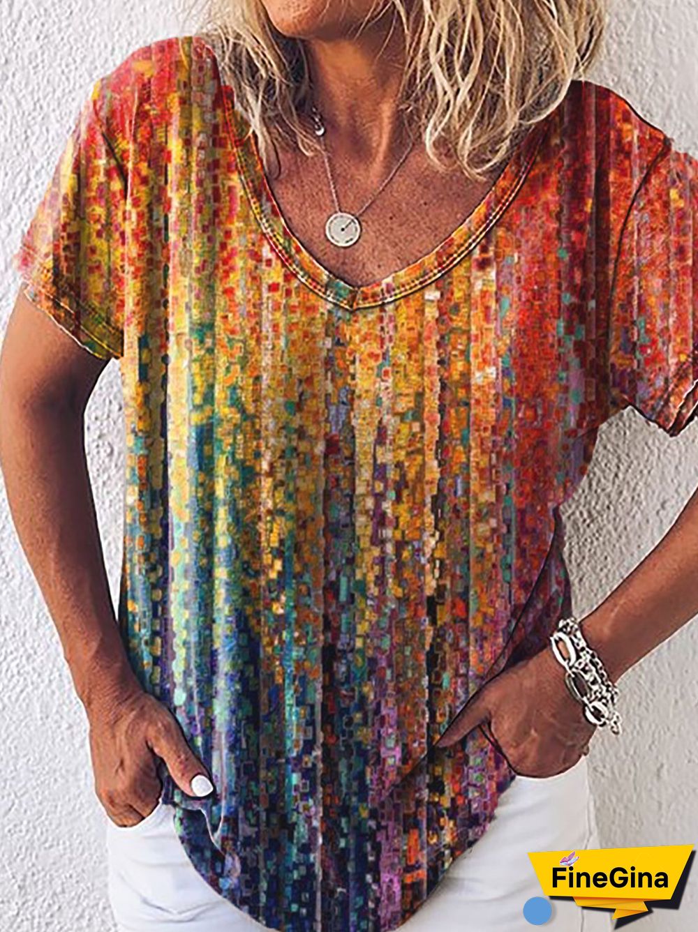Women's Casual Shift V-Neck Short Sleeve Ombre/tie-Dye Printed T-Shirts